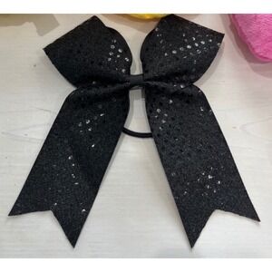 Sparkling Black Sequin Cheerleader Bow Hair Tie Ponytail Holder Accessory‎